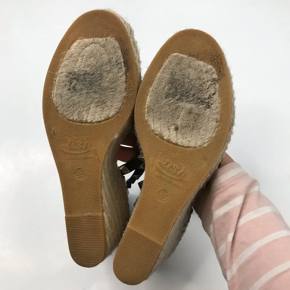 Ash Women's Winnie Snakeskin Studded Platform Espadrille Wedge Sandals Size 39